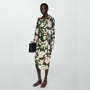 Mango Green linen shirt dress with bow NWT